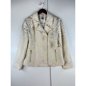 Chicos Womens Blazer Size 1 Cream Gold Metallic Asymmetrical Zip Closure